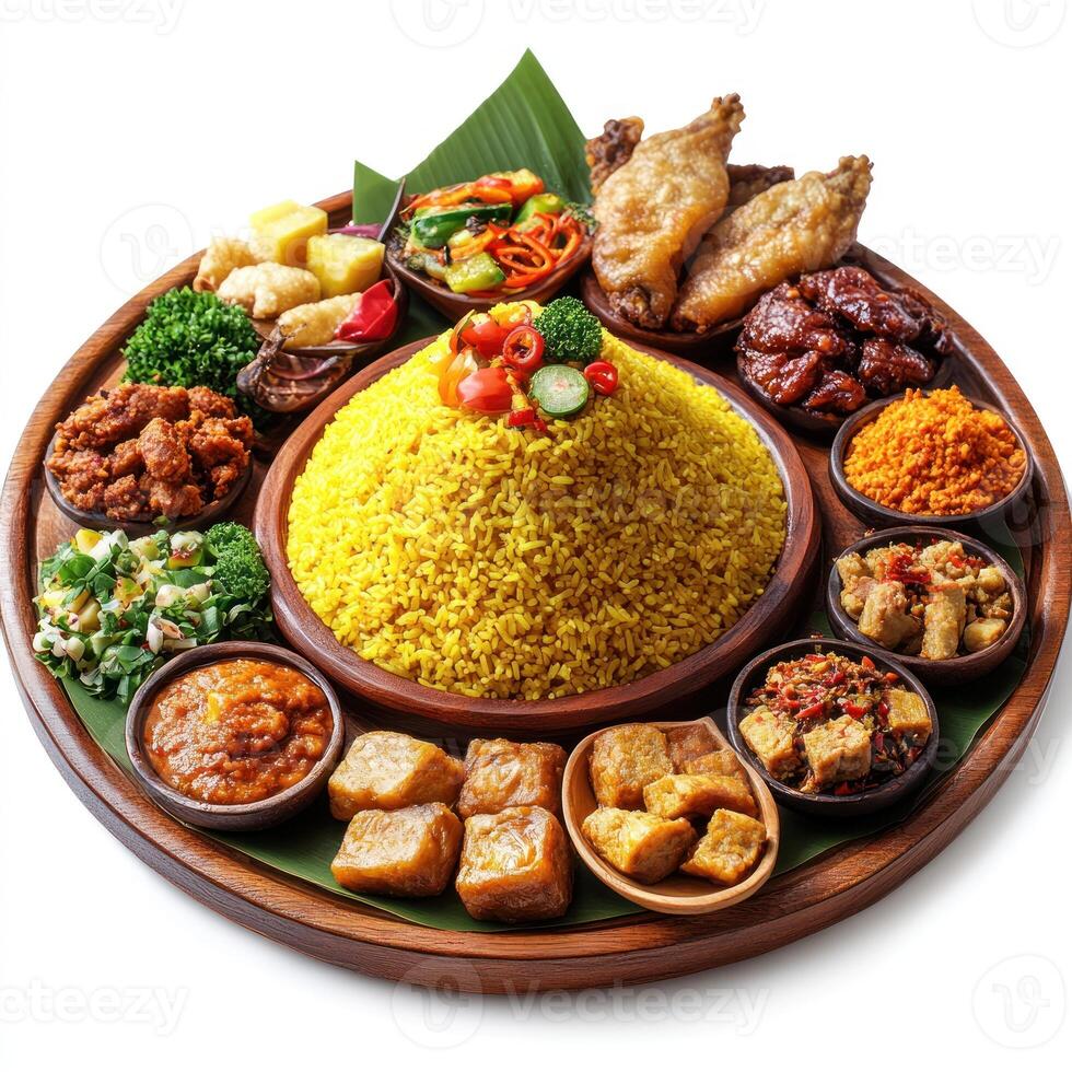 Traditional Indonesian Nasi Kuning Yellow Rice Platter with Various Accompaniments photo