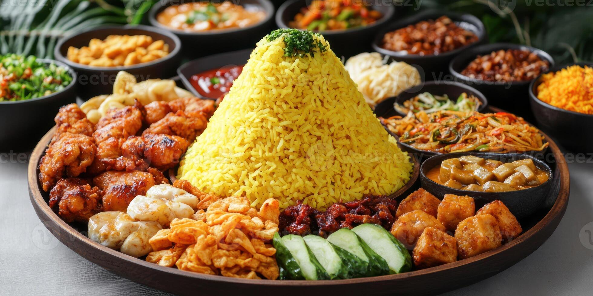 A wooden platter with yellow rice, fried chicken, and various side dishes photo