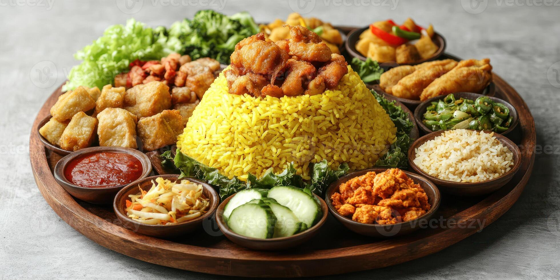 A Wooden Tray with a Variety of Indonesian Dishes, Including Yellow Rice, Fried Chicken, and Vegetables photo