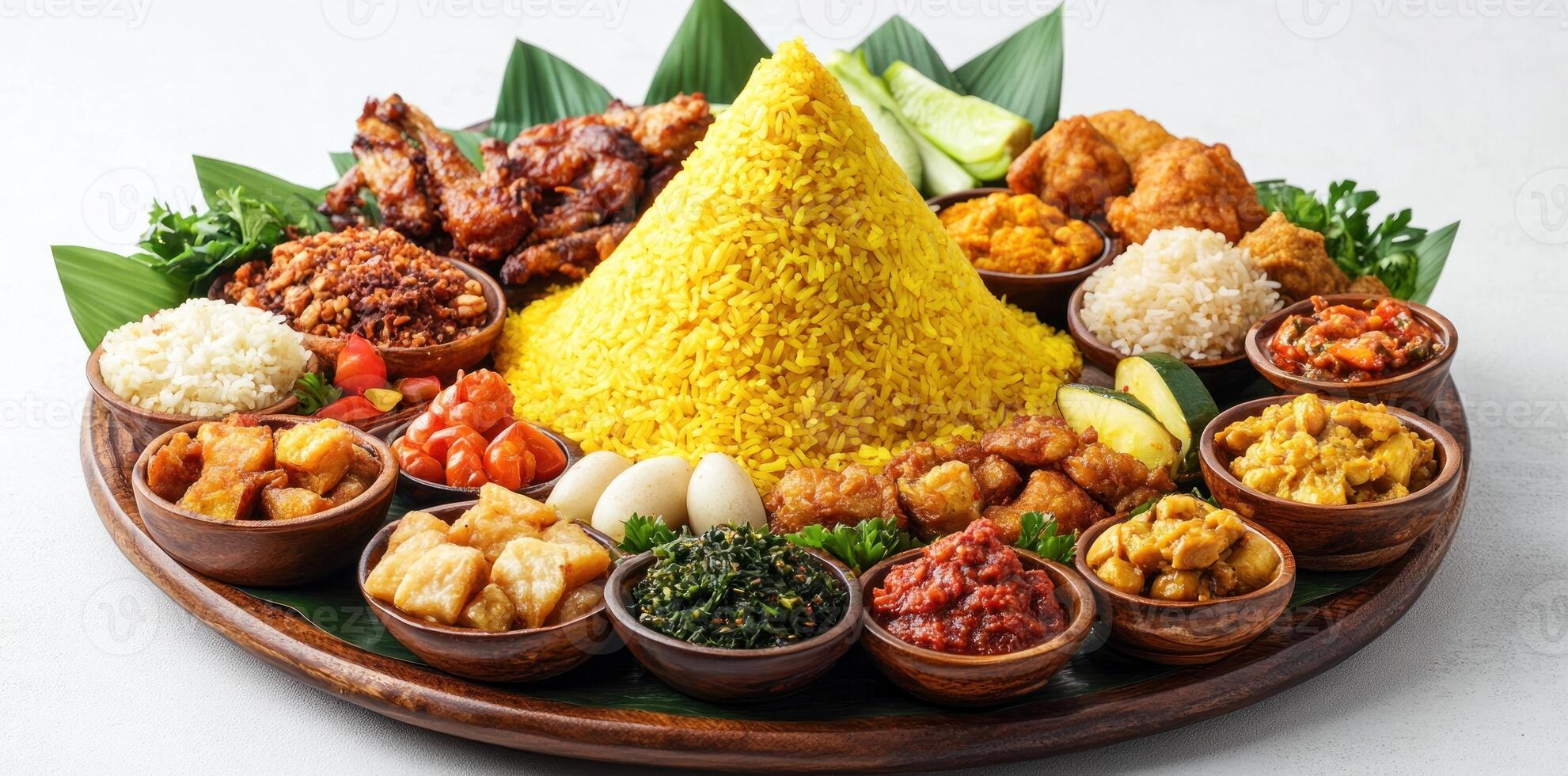 Traditional Indonesian Nasi Kuning Tumpeng with Various Accompaniments photo