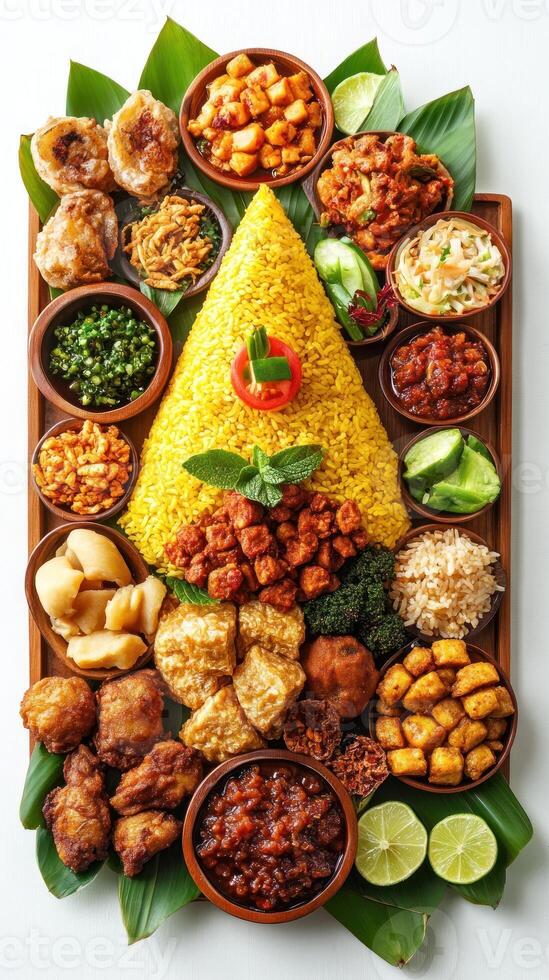 A Traditional Indonesian Rice Dish with Numerous Side Dishes photo