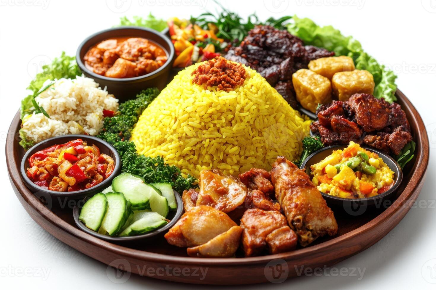 Indonesian Nasi Kuning with Various Side Dishes photo