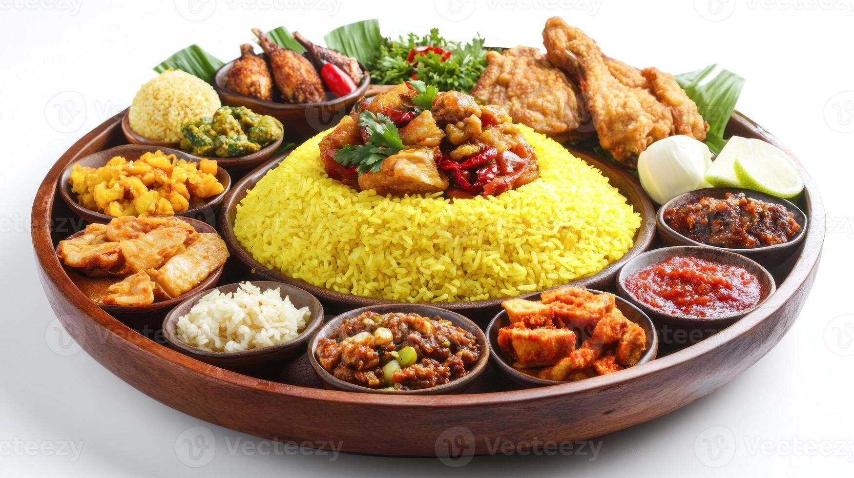 Indonesian Nasi Kuning with Various Accompaniments photo