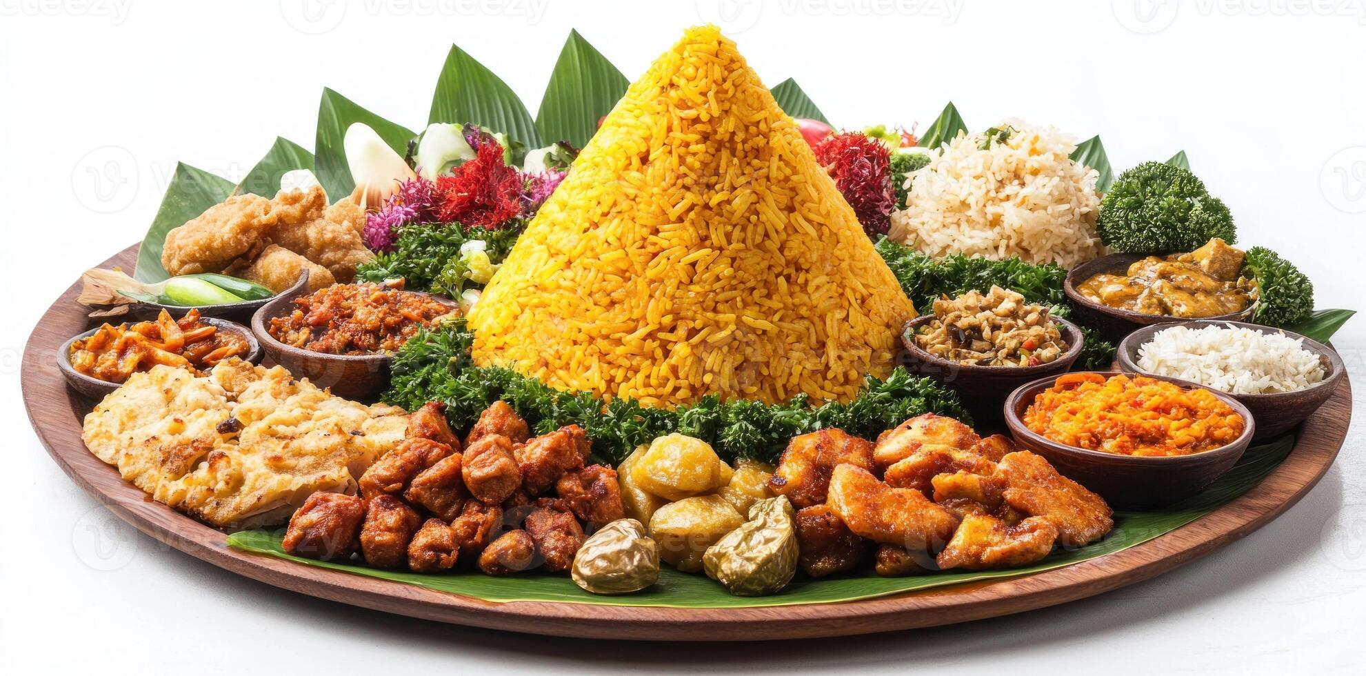 A Traditional Indonesian Tumpeng Dish with Rice, Vegetables, and Fried Dishes photo