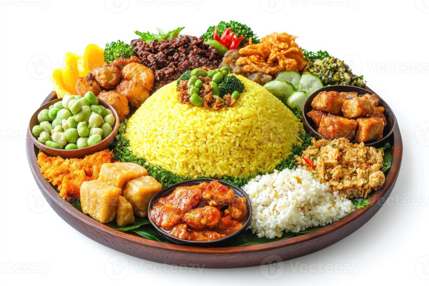 Indonesian Nasi Kuning with various side dishes served on a wooden platter. photo