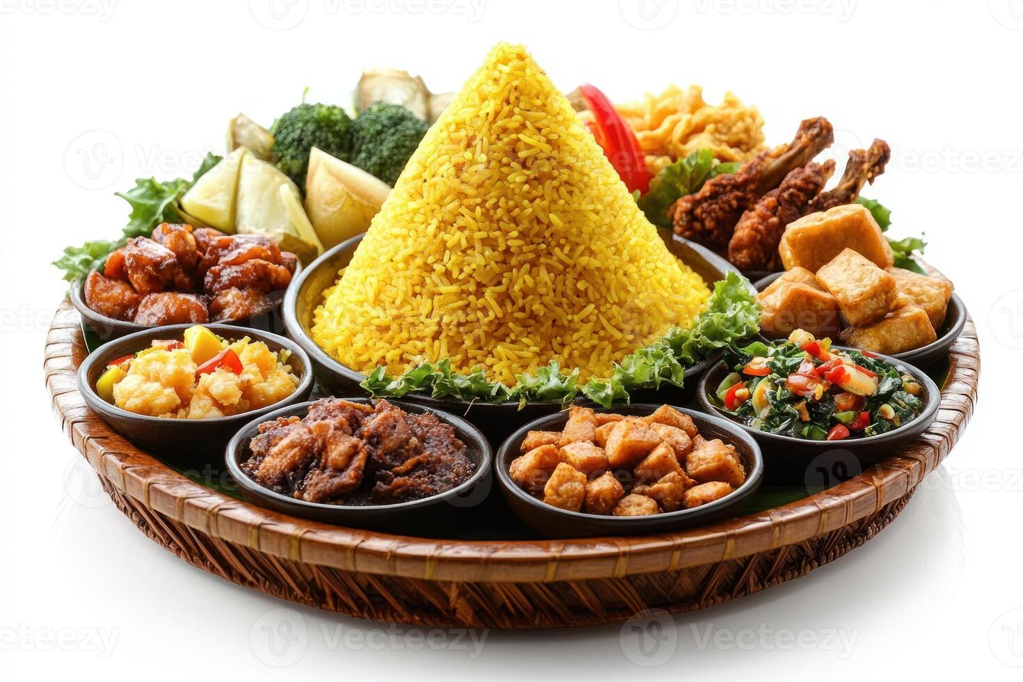 Indonesian Nasi Kuning Yellow Rice with Side Dishes photo