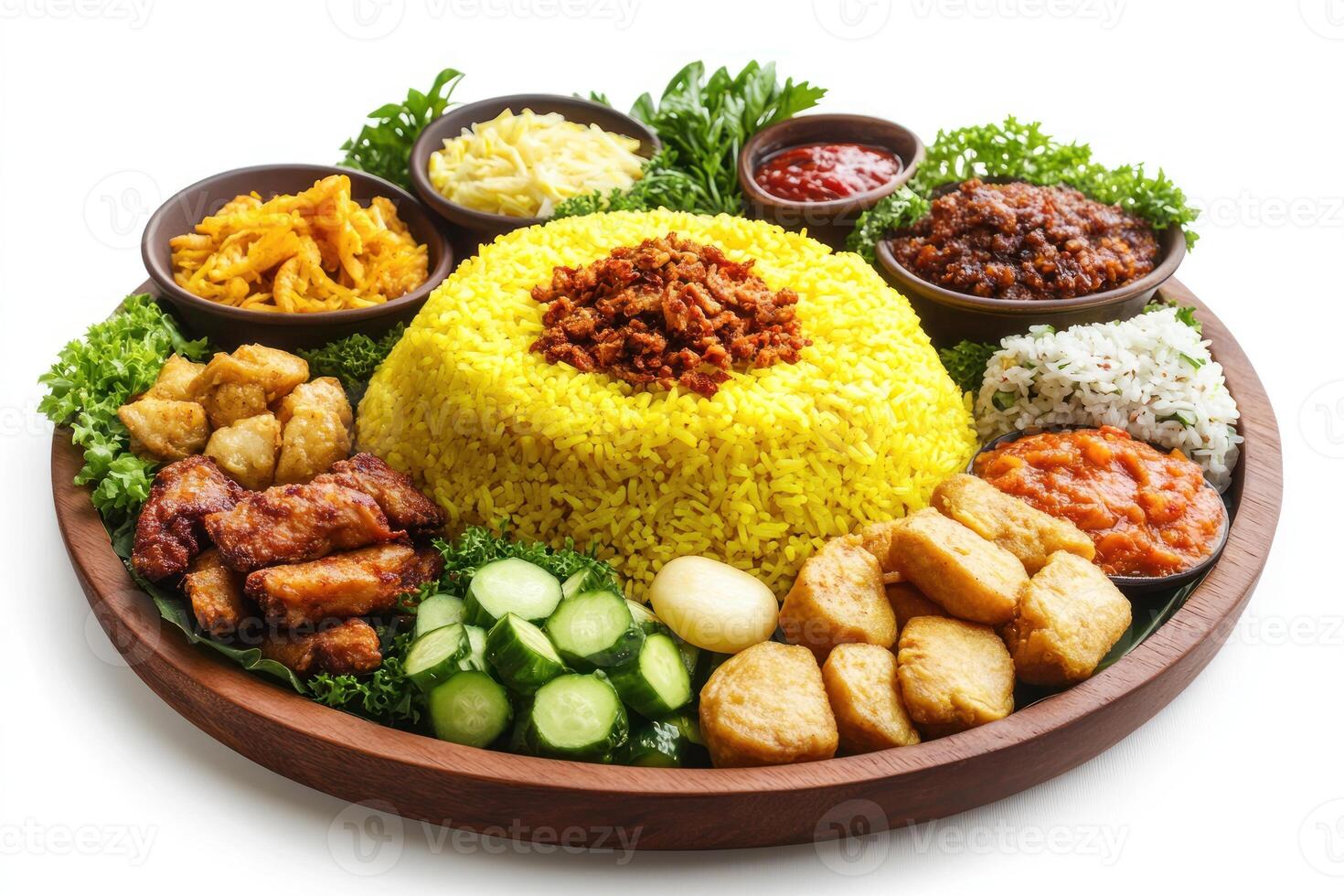 Indonesian yellow rice dish with various side dishes and condiments photo