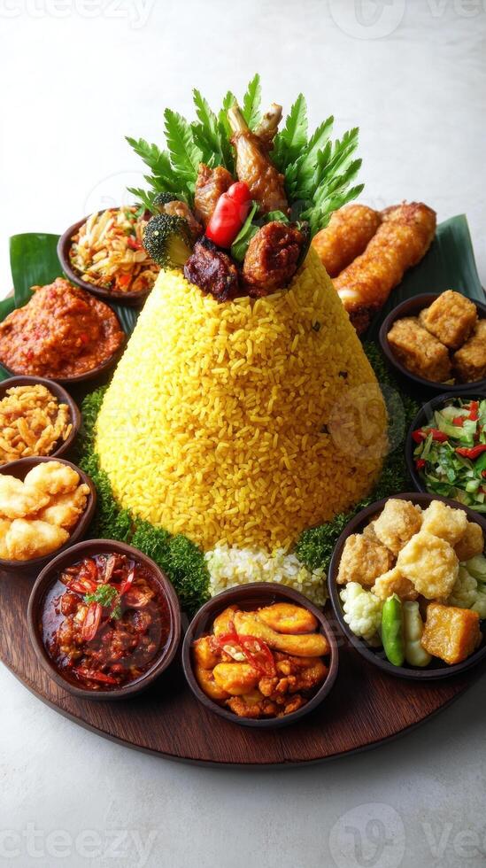 Tumpeng Nasi Kuning, Indonesian Yellow Rice Cone with Accompaniments photo