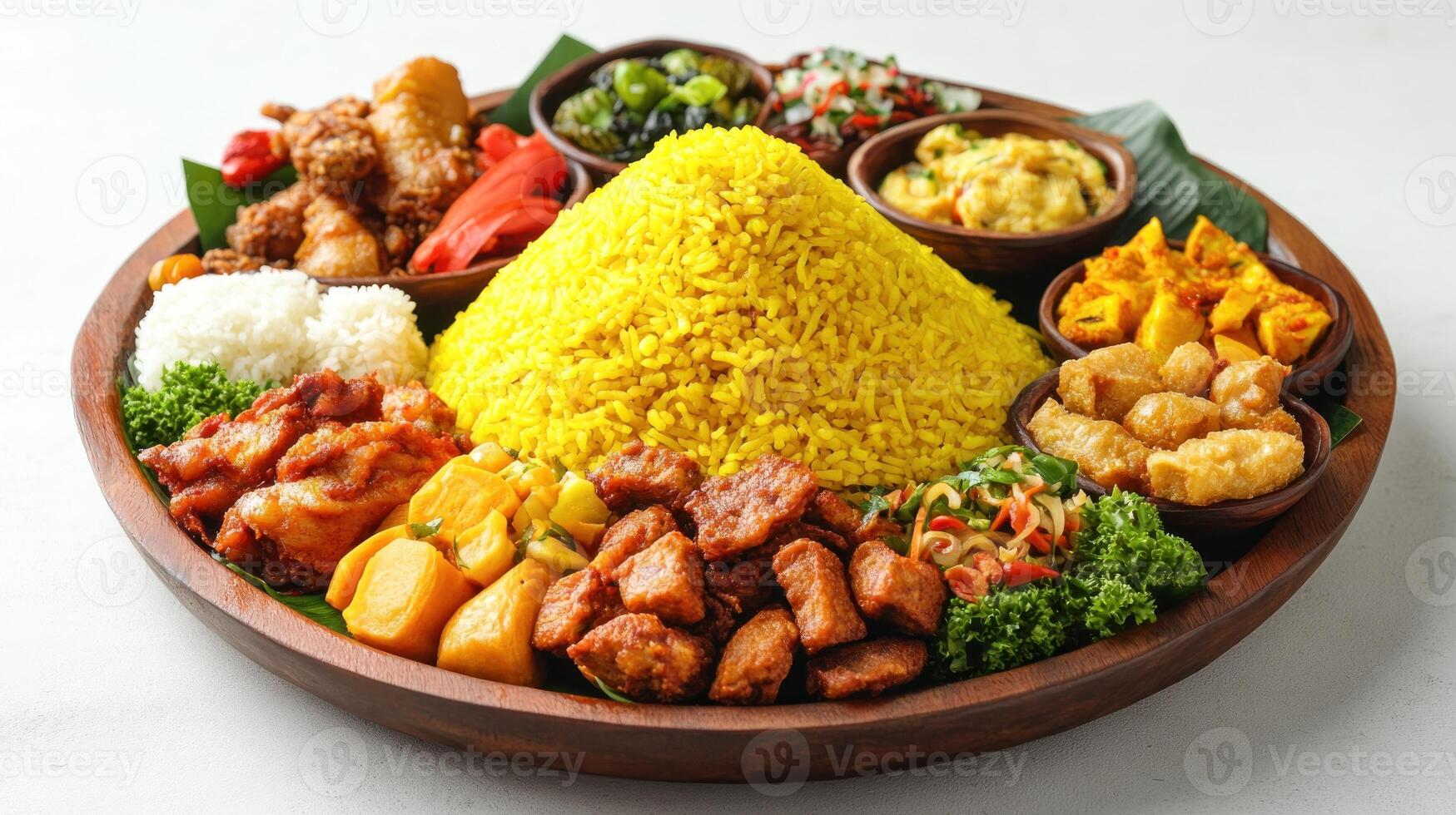 A Traditional Indonesian Tumpeng Rice Dish with Various Accompaniments photo
