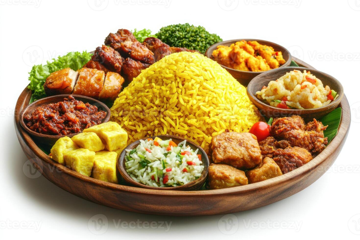 Indonesian Nasi Kuning with Various Accompaniments photo