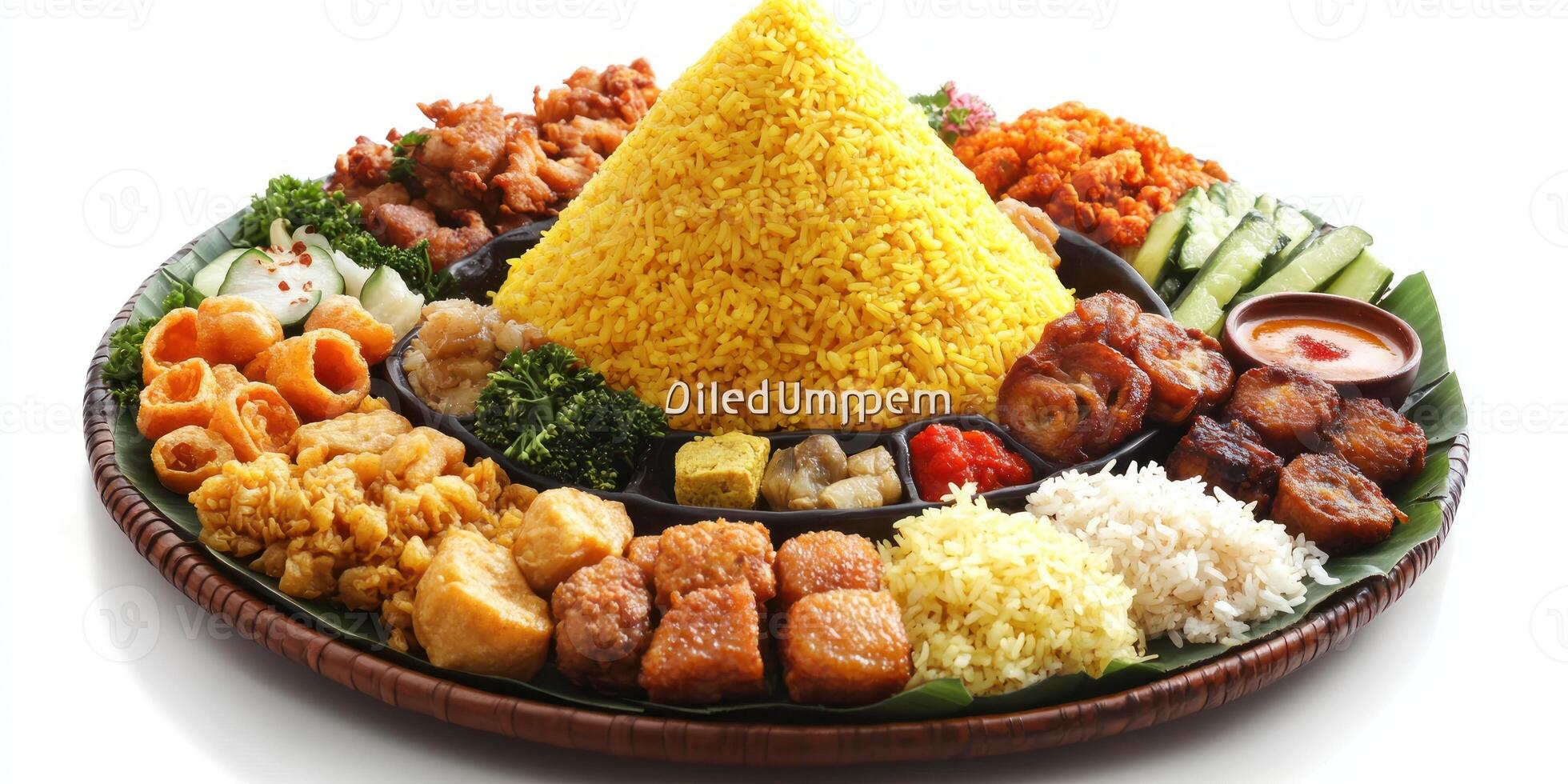 Traditional Indonesian Nasi Tumpeng Rice Dish with Various Accompaniments photo