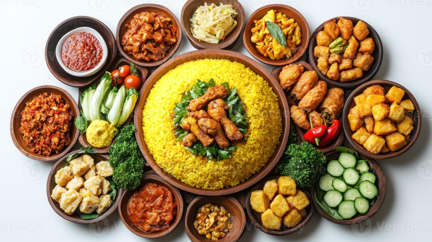 A Festive Spread of Yellow Rice, Fried Dishes, and Side Dishes in Wooden Bowls photo