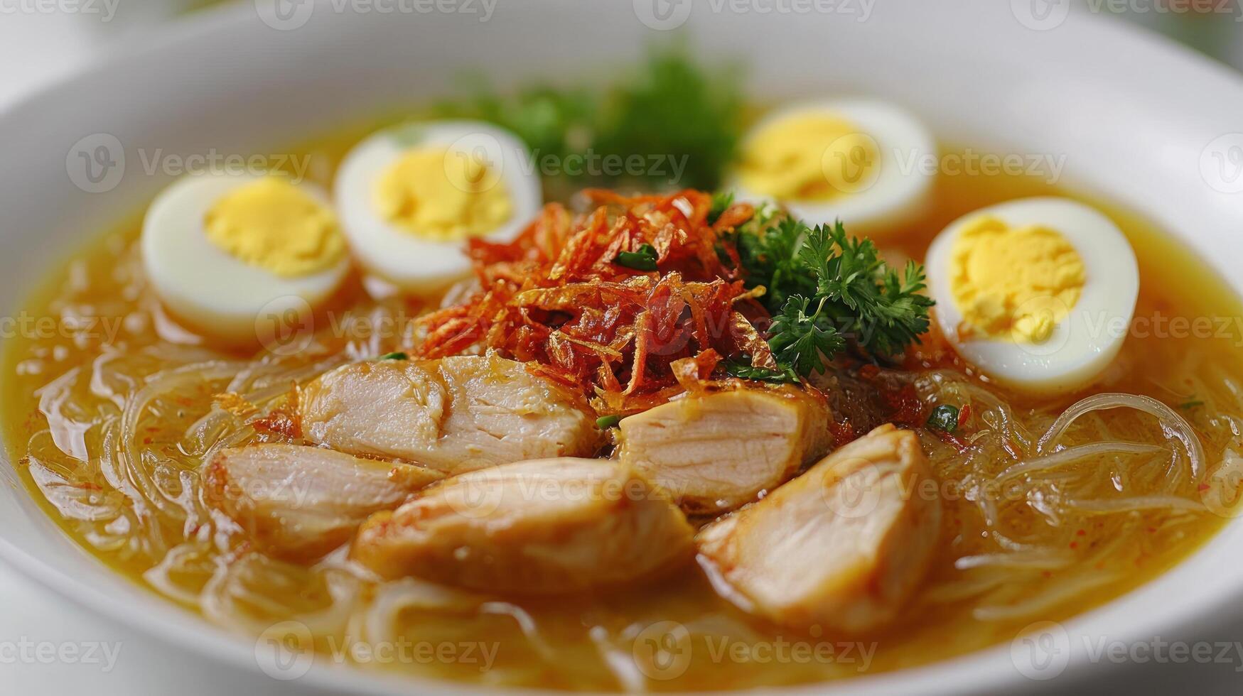 Chicken Noodle Soup with Hard-Boiled Eggs and Fried Onions photo