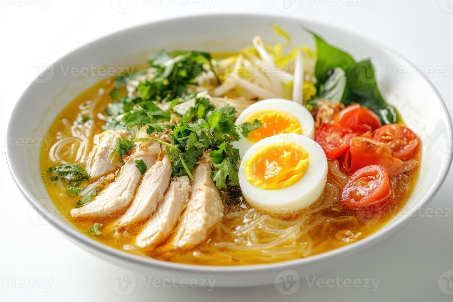 A bowl of chicken noodle soup with two halves of hard-boiled egg and cherry tomatoes photo