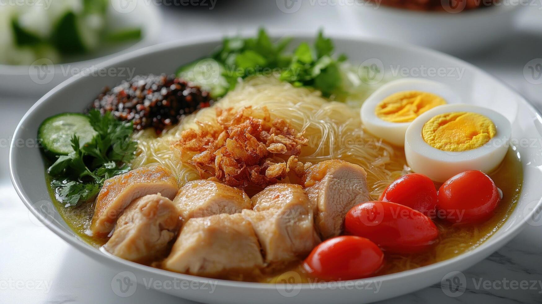 A bowl of chicken noodle soup with crispy onions, tomatoes, and boiled eggs photo