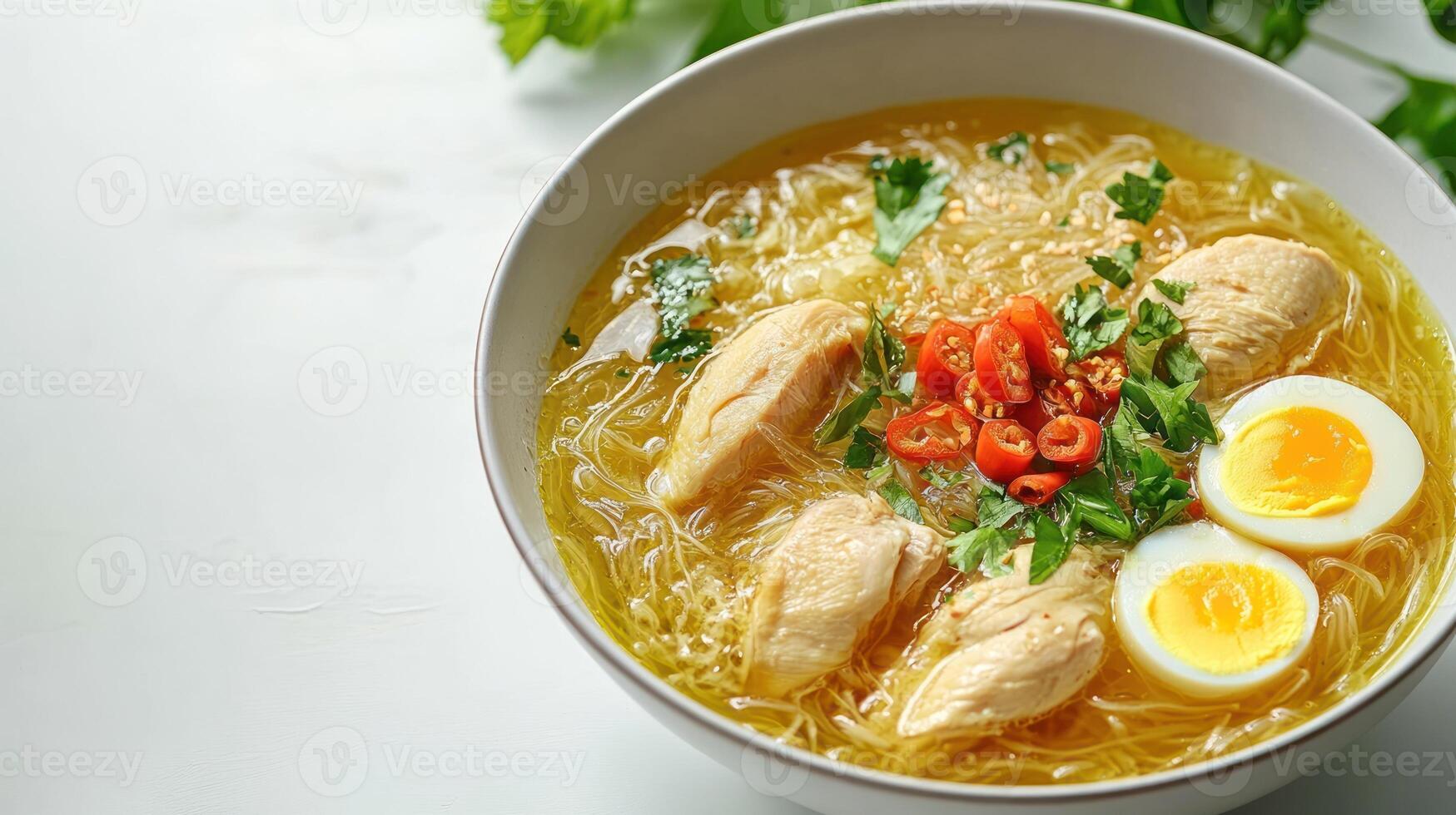 Bowl of Chicken Noodle Soup with Boiled Egg and Chili Peppers photo