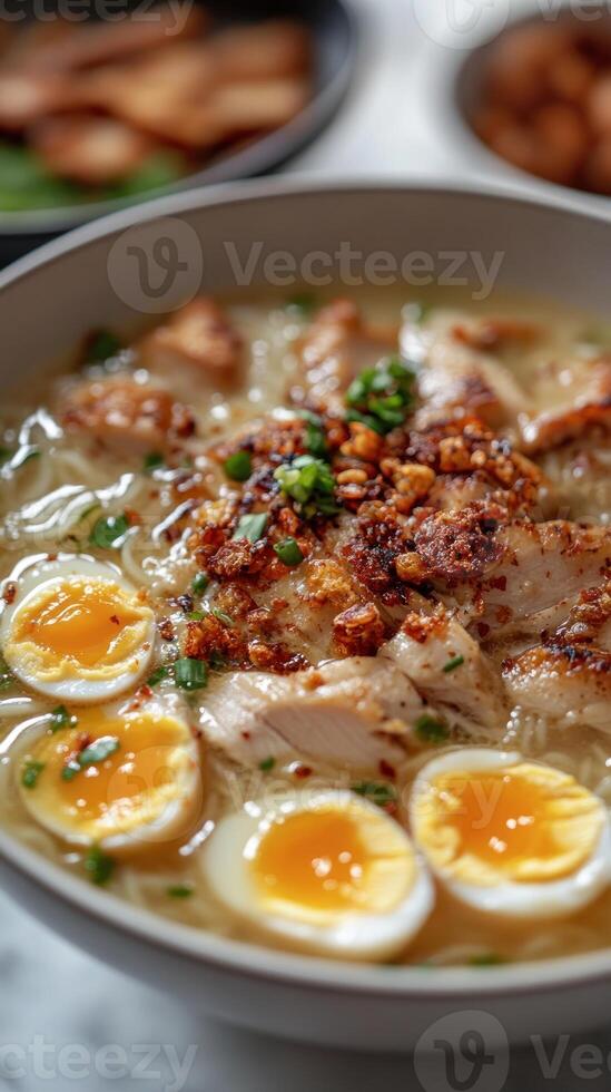 Chicken Noodle Soup with Soft-Boiled Eggs and Crispy Topping photo