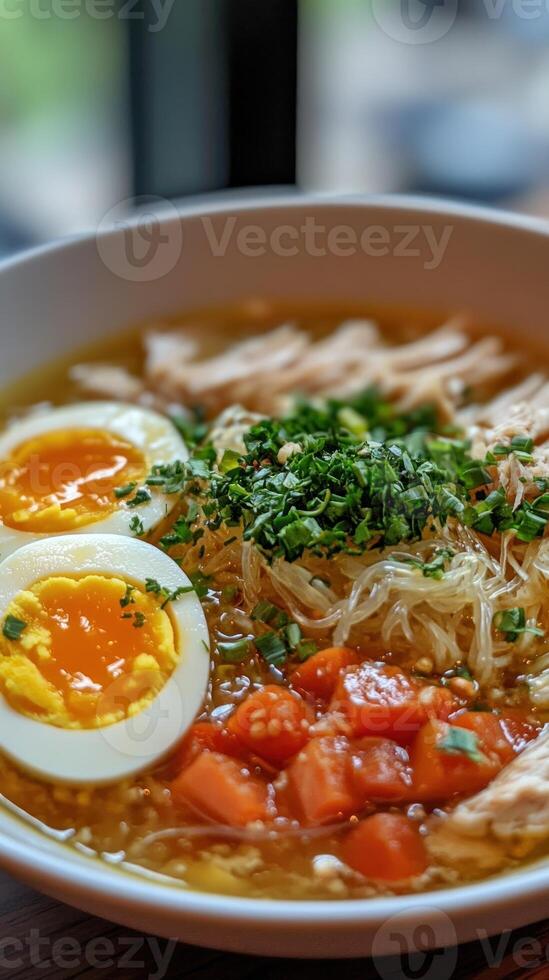 Chicken Noodle Soup with Egg, Carrots, and Herbs photo