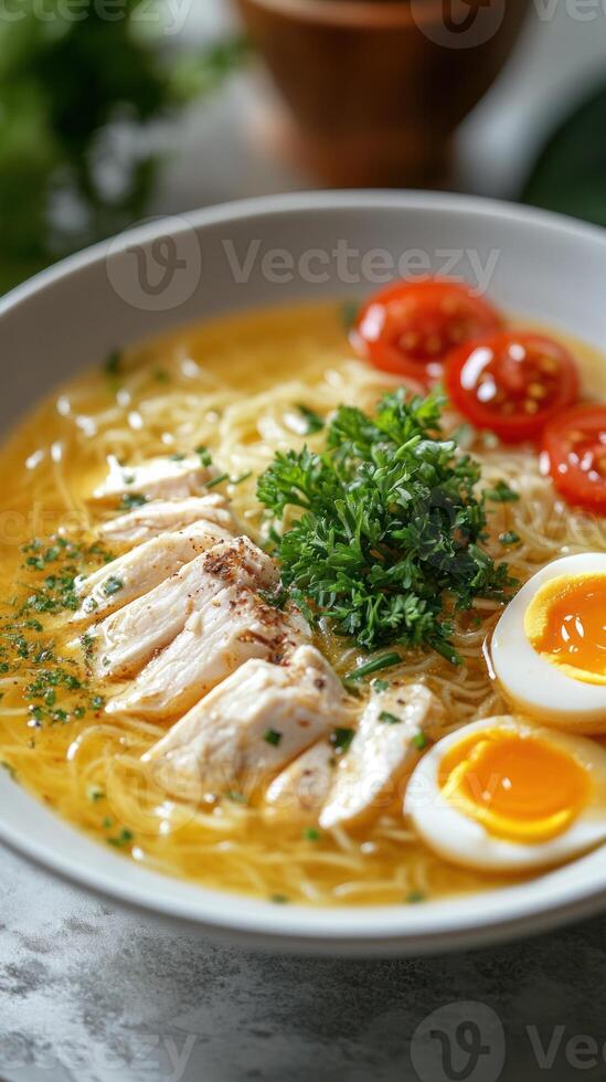 Close-up of Chicken Noodle Soup with Tomatoes, Parsley, and Eggs photo