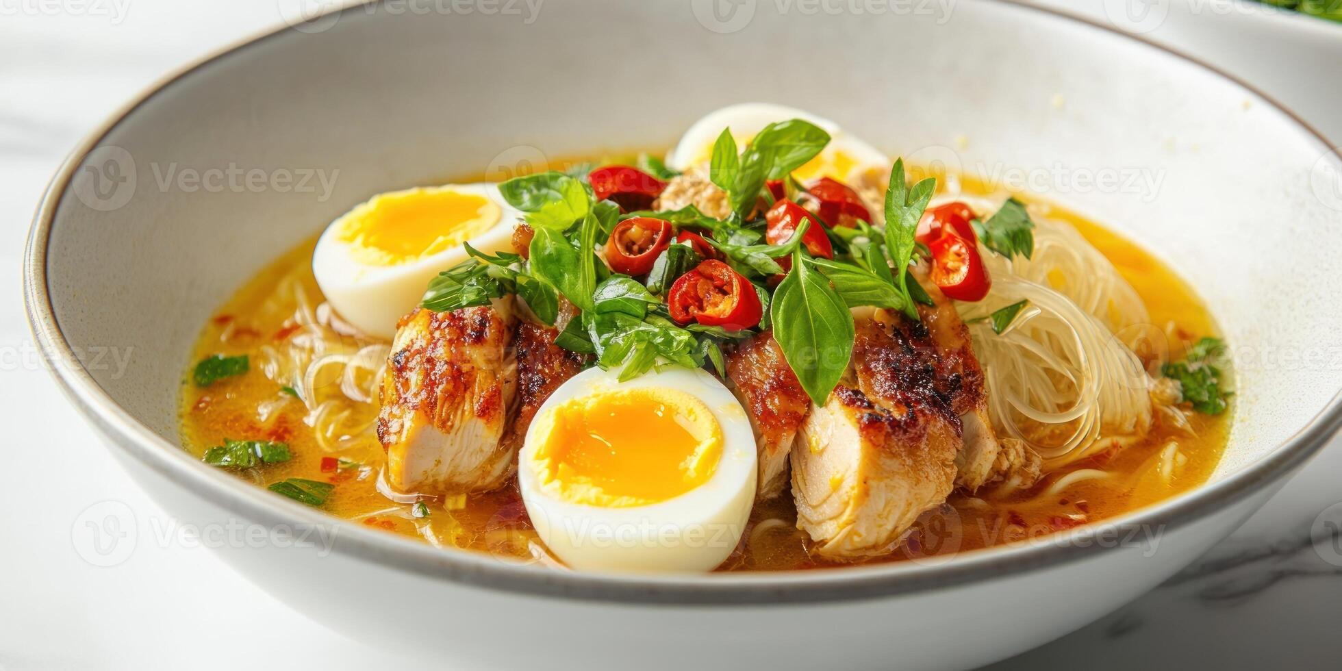 A bowl of chicken noodle soup with soft boiled egg and basil photo