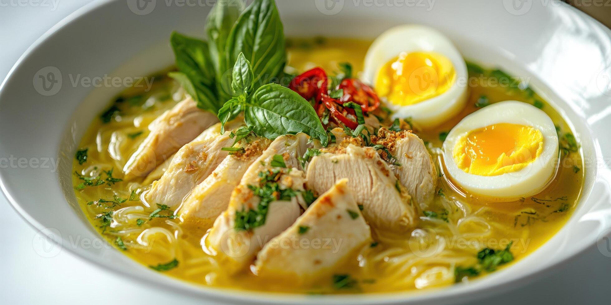 Chicken Noodle Soup with Hard-Boiled Eggs and Basil Garnish photo