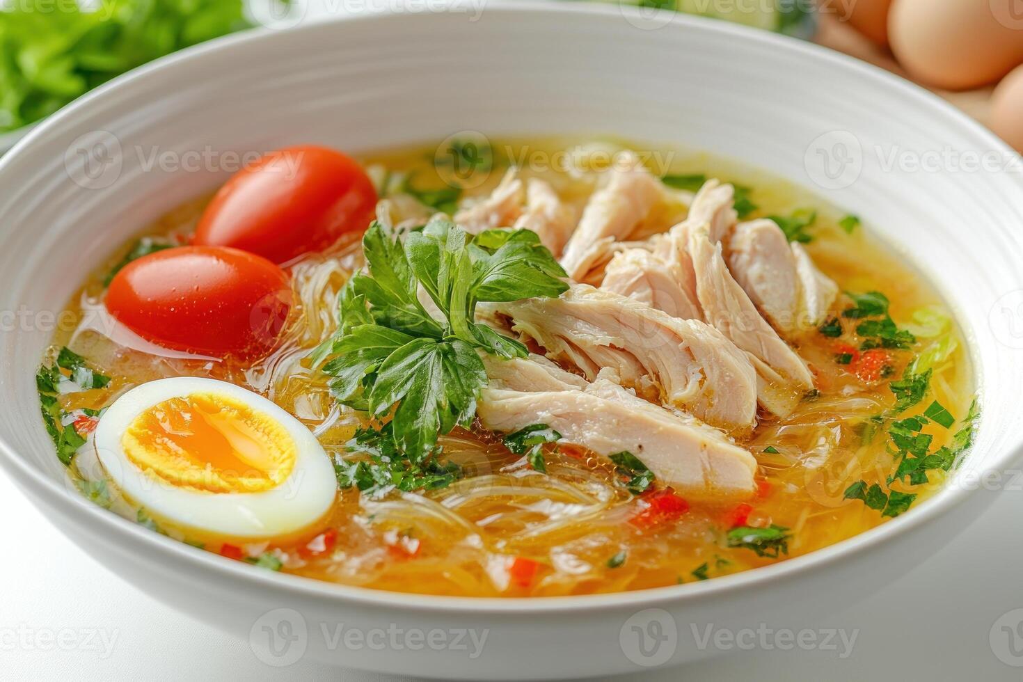 Chicken Noodle Soup with Tomatoes, Egg, and Parsley photo
