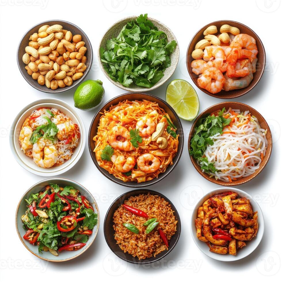 Assorted Thai Dishes with Shrimp, Peanuts, and Cilantro photo