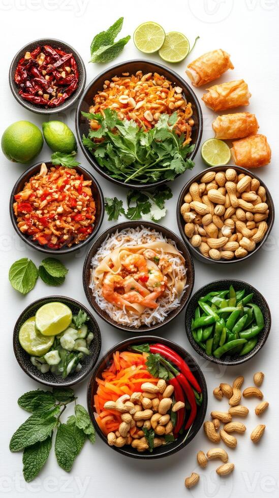 Assortment of Thai Dishes with Cashews, Peppers, and Limes photo
