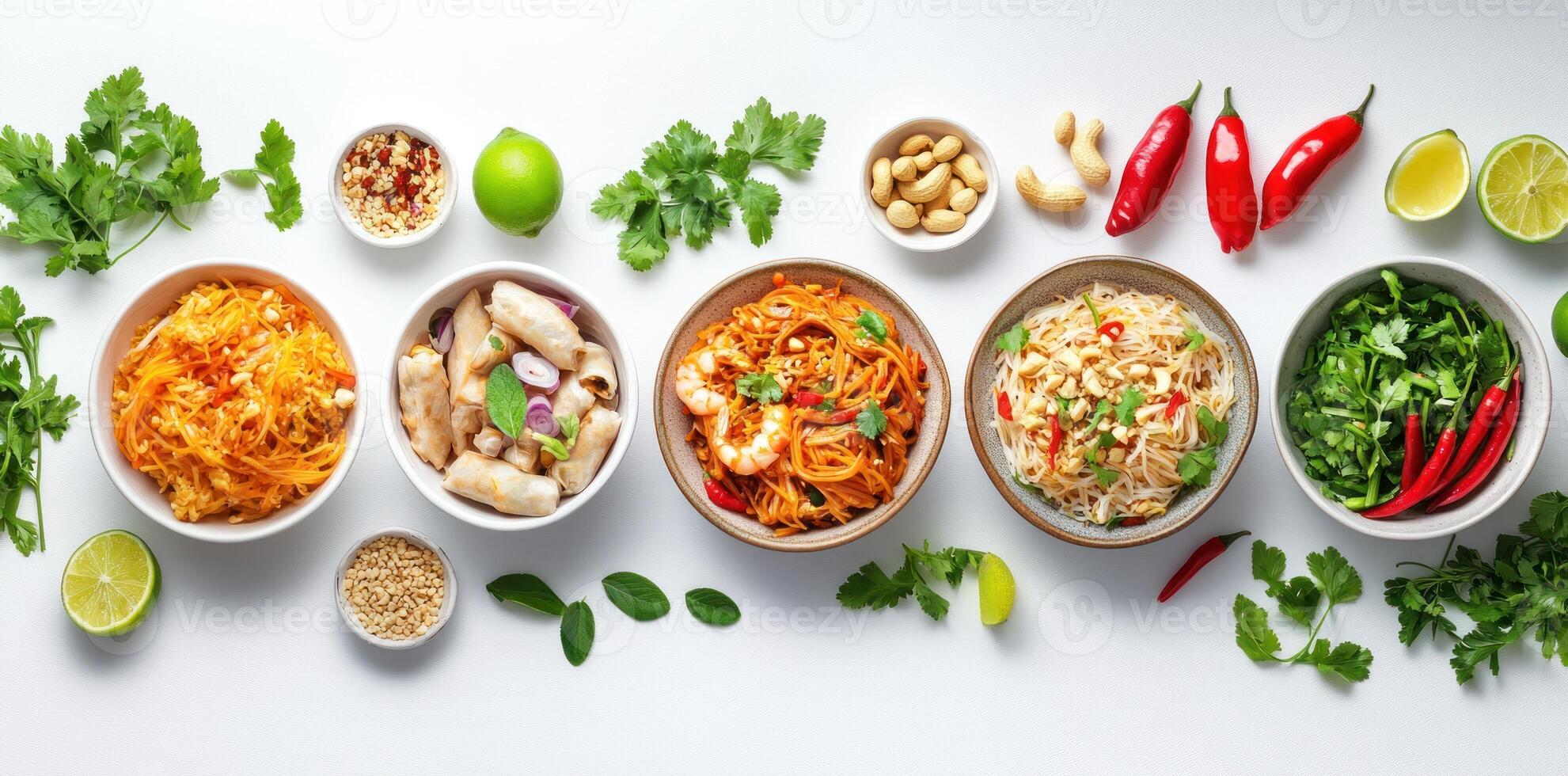 Assortment of Asian Cuisine Dishes with Fresh Herbs and Spices photo
