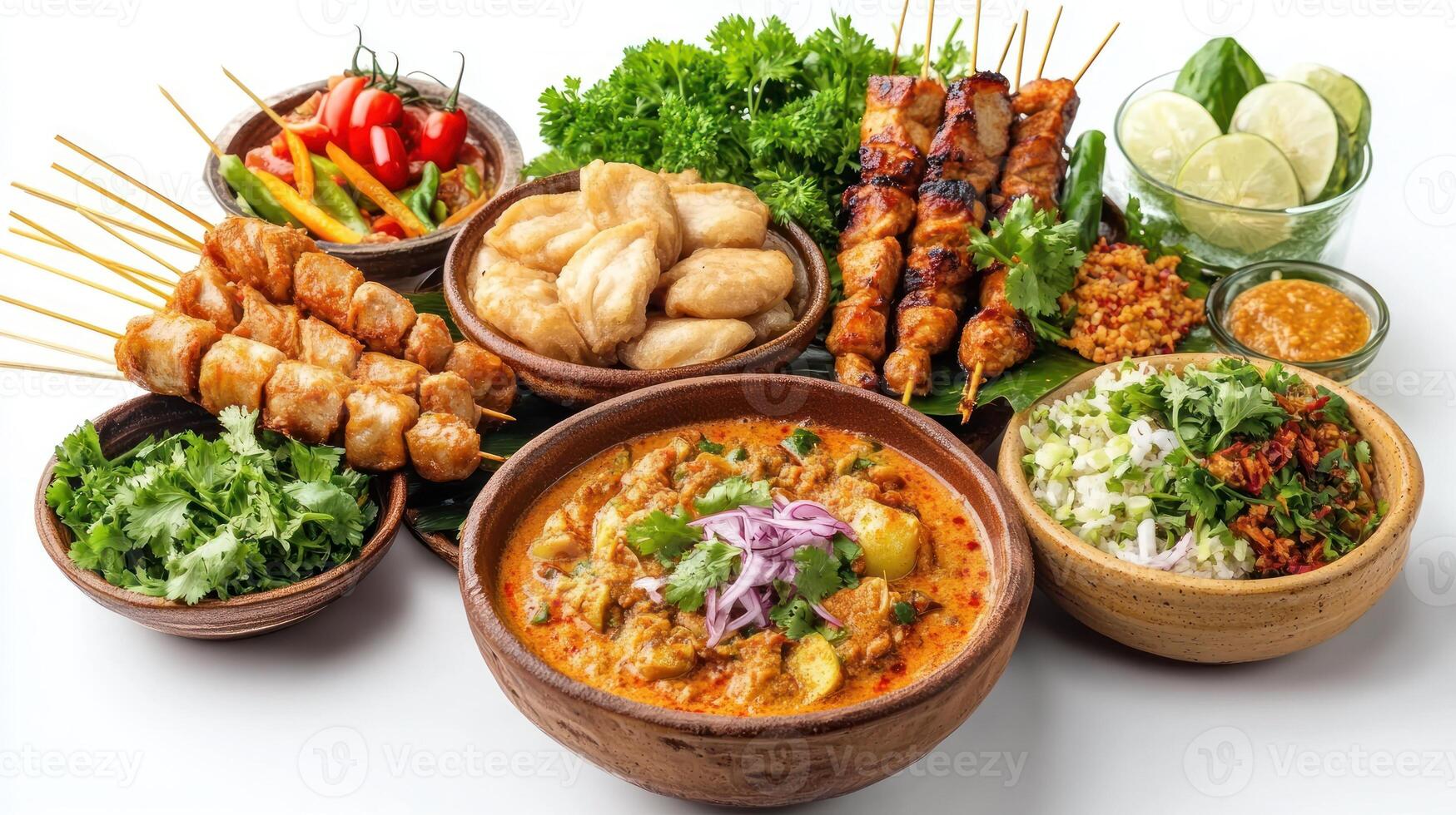 A Table Spread of Various Thai Dishes with Garnishes photo