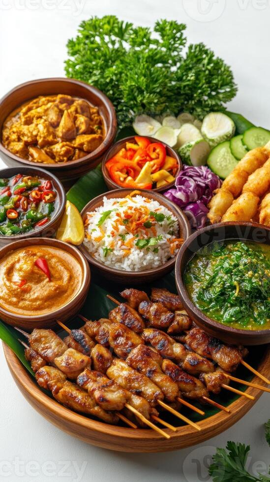 Assorted Dishes with Chicken Satay Skewers and Various Dips photo