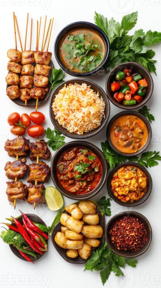 Assorted Thai Dishes with Fried Chicken Skewers, Rice, and Dipping Sauces photo