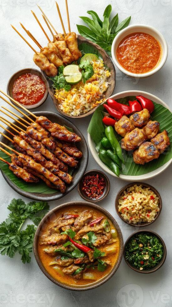 An Assortment of Thai Dishes Featuring Skewers, Curry, and Rice photo