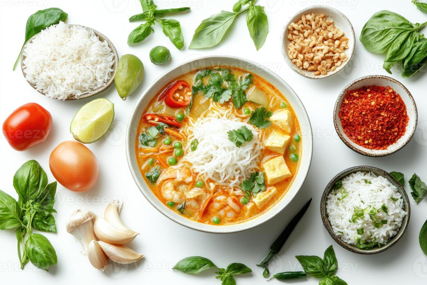 Thai Red Curry Soup with Tofu, Shrimp, Rice Noodles, and Vegetables photo
