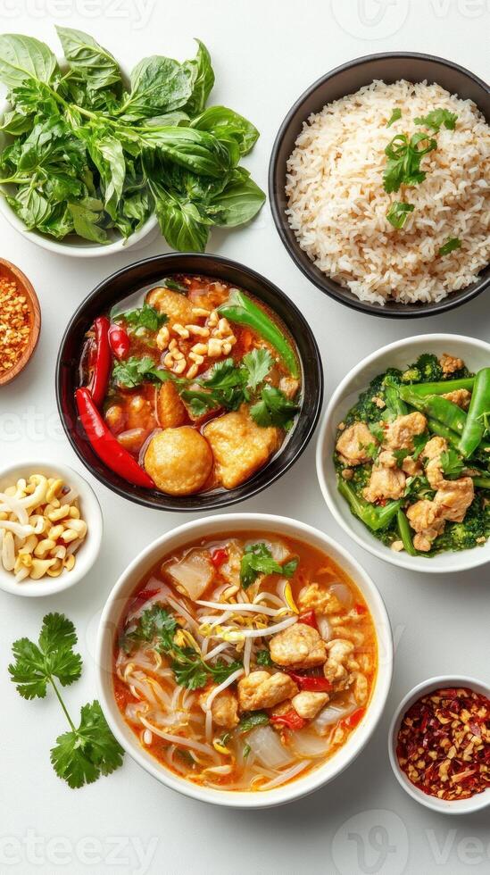 A variety of Thai dishes with tofu, vegetables, and rice photo