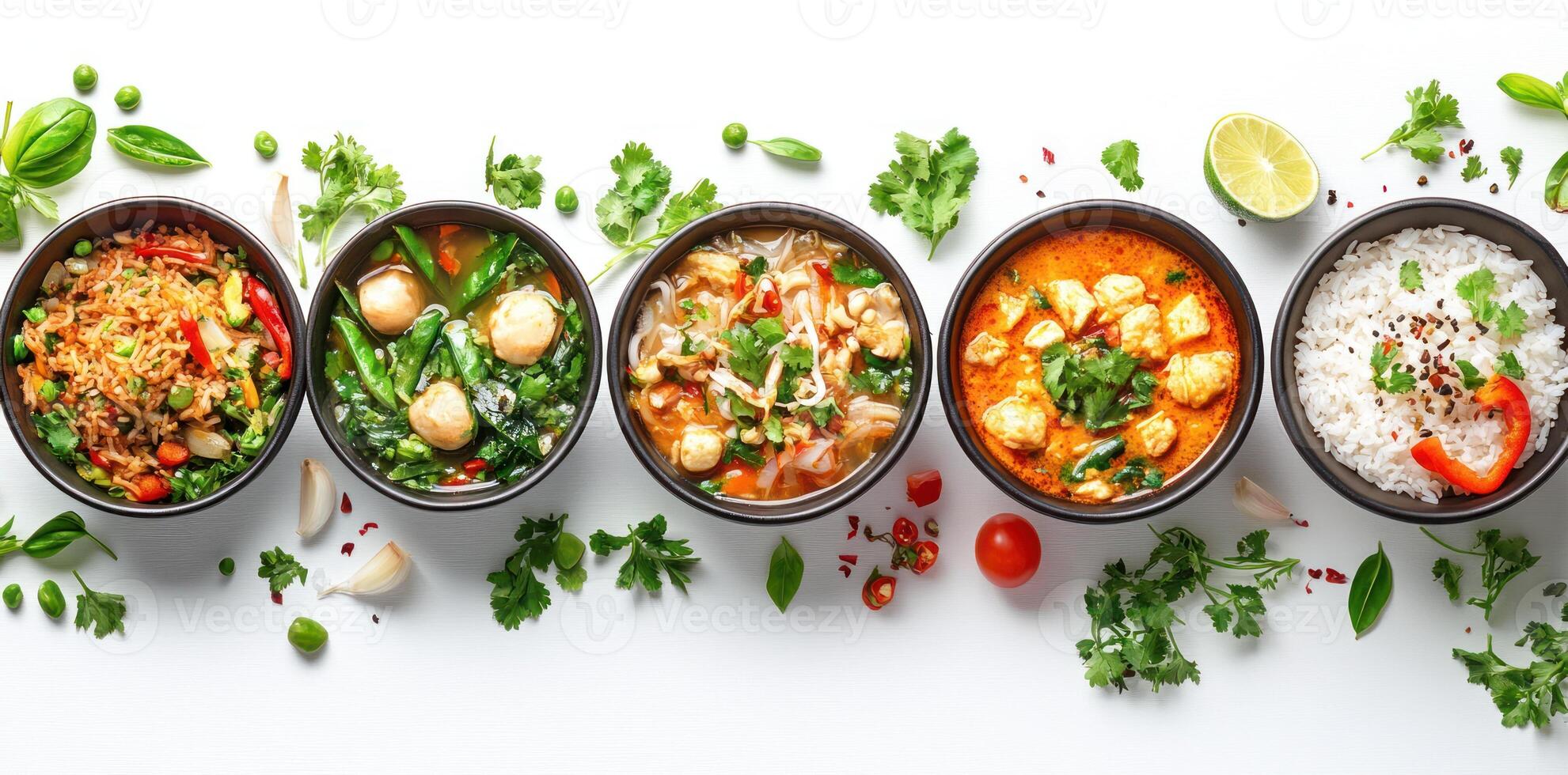 A Variety of Asian Dishes Arranged in Bowls with Herbs and Spices photo