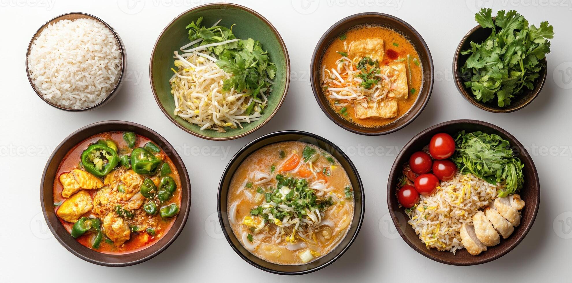 Assortment of Asian Dishes with Rice, Noodles, and Tofu in Bowls photo