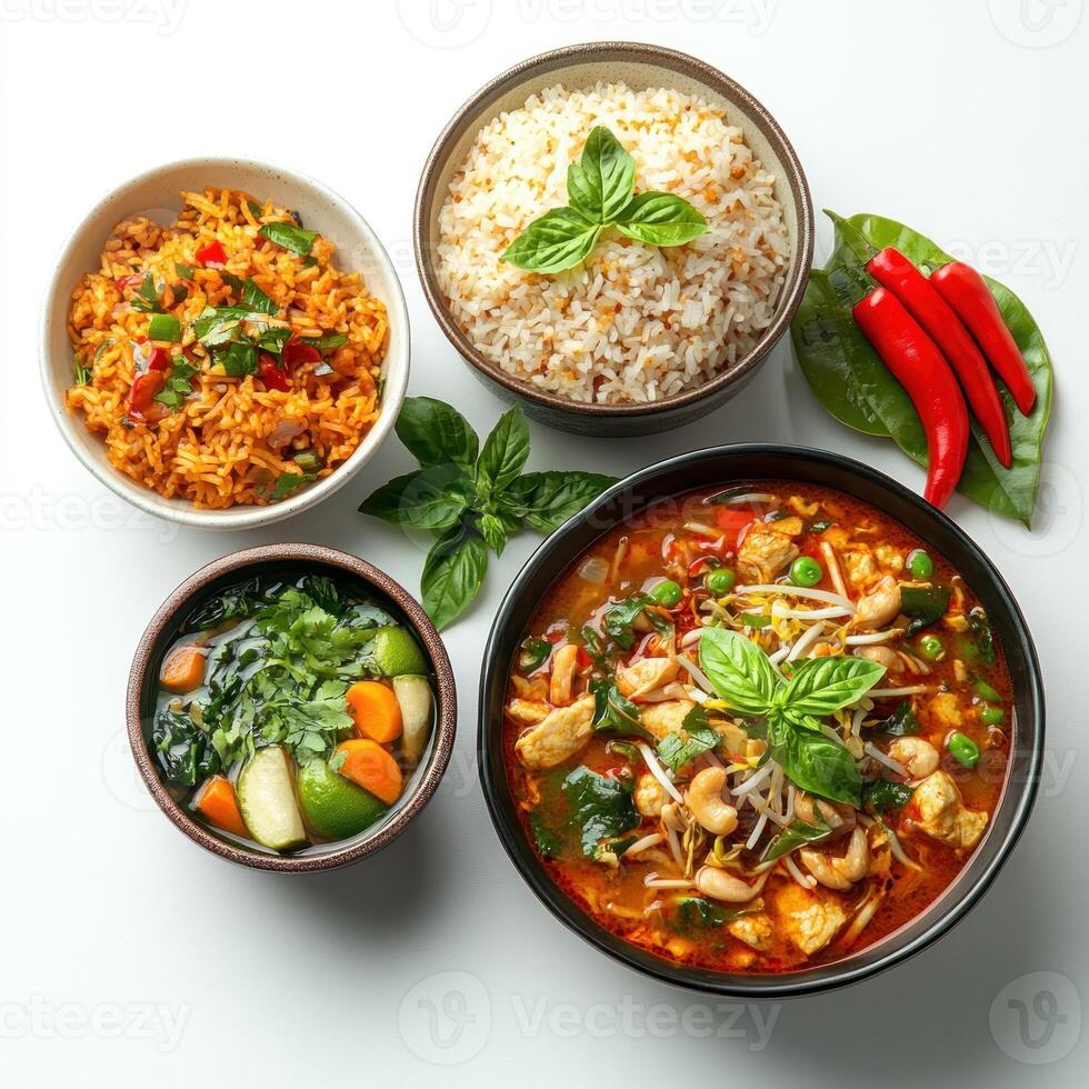 Thai Curry with Shrimp, Chicken, and Vegetables Served with Rice and Side Dishes photo