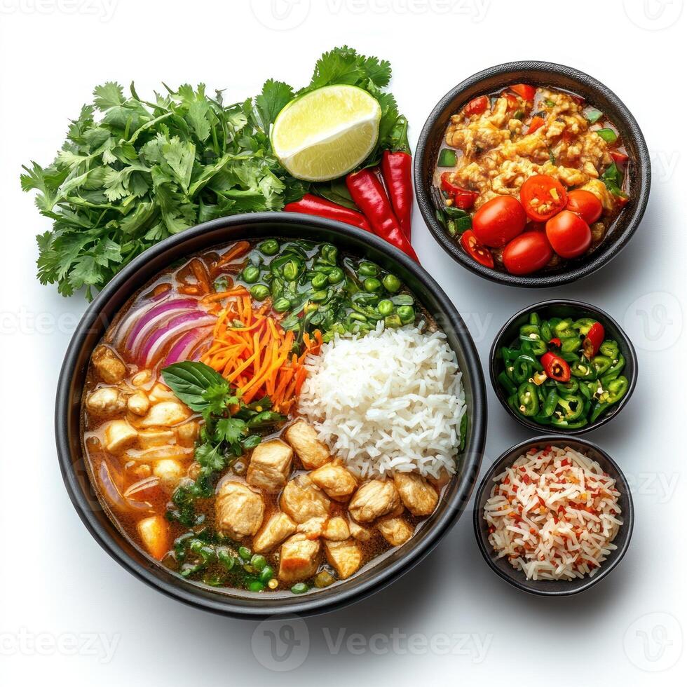 Chicken and Rice Soup with Vegetables and Condiments photo