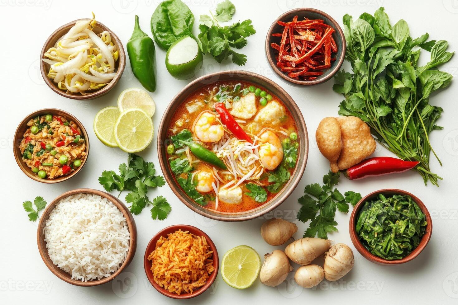 Thai Tom Yum Soup with Shrimp, Vegetables, and Rice photo