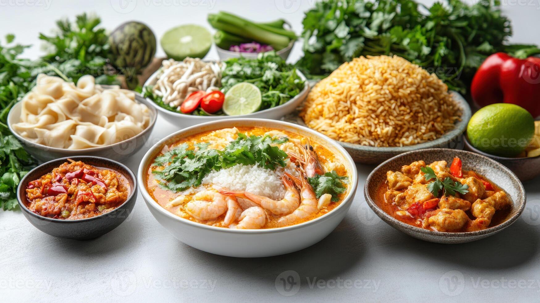 A Table Spread of Thai Dishes with Shrimp, Curry, and Rice photo