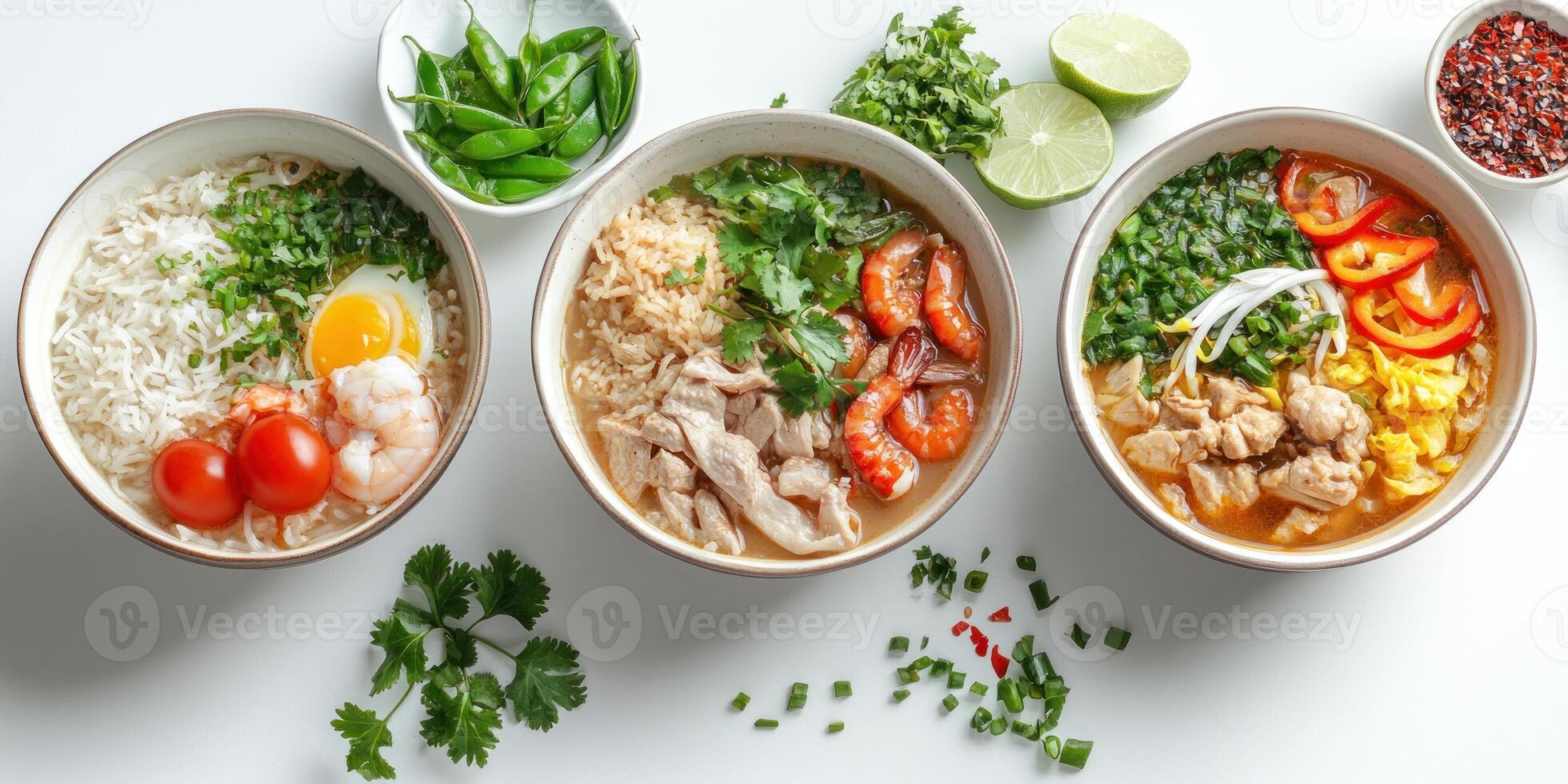 Three Bowls of Asian Cuisine with Various Toppings photo