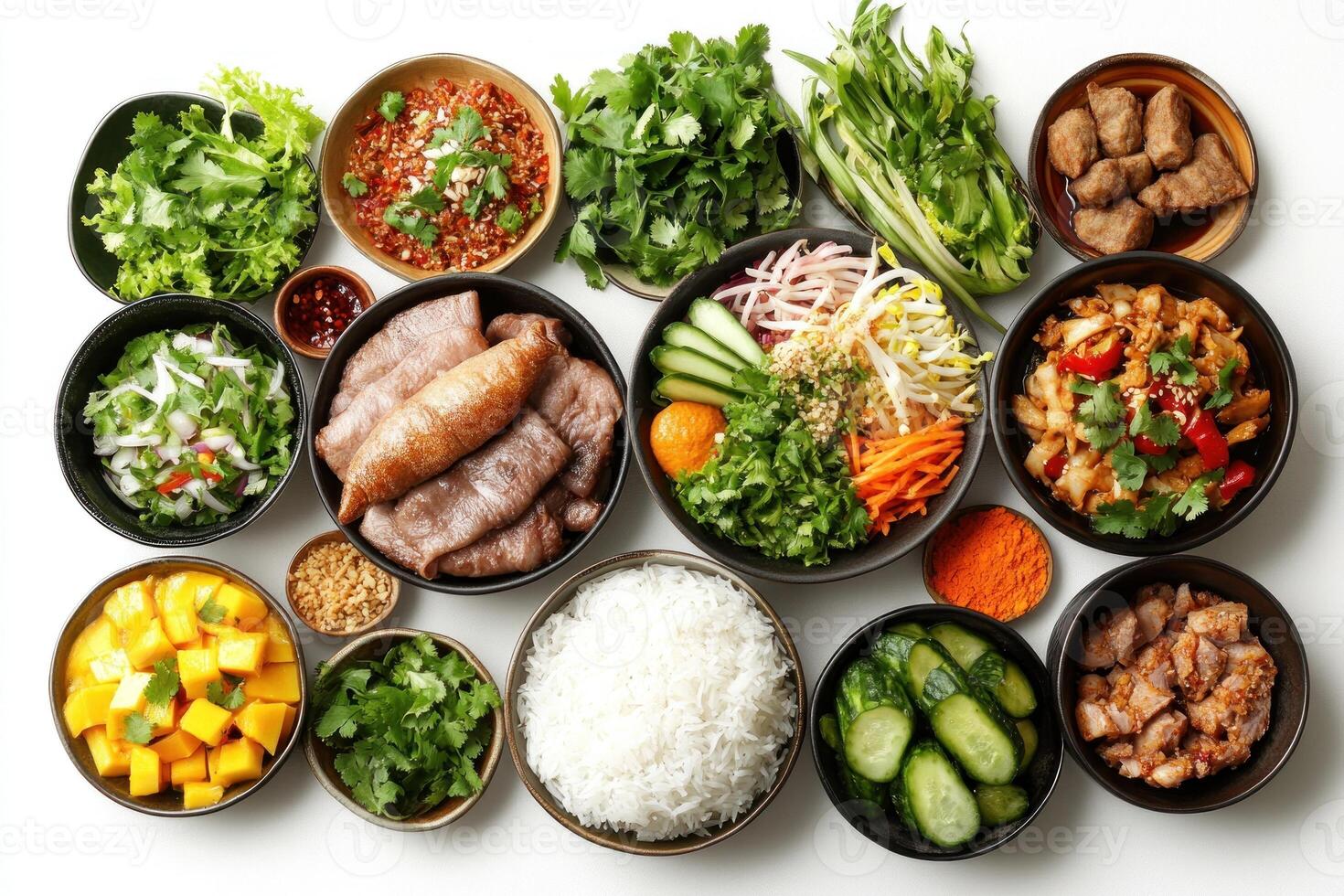 An Assortment of Vietnamese Cuisine Ingredients in Bowls photo