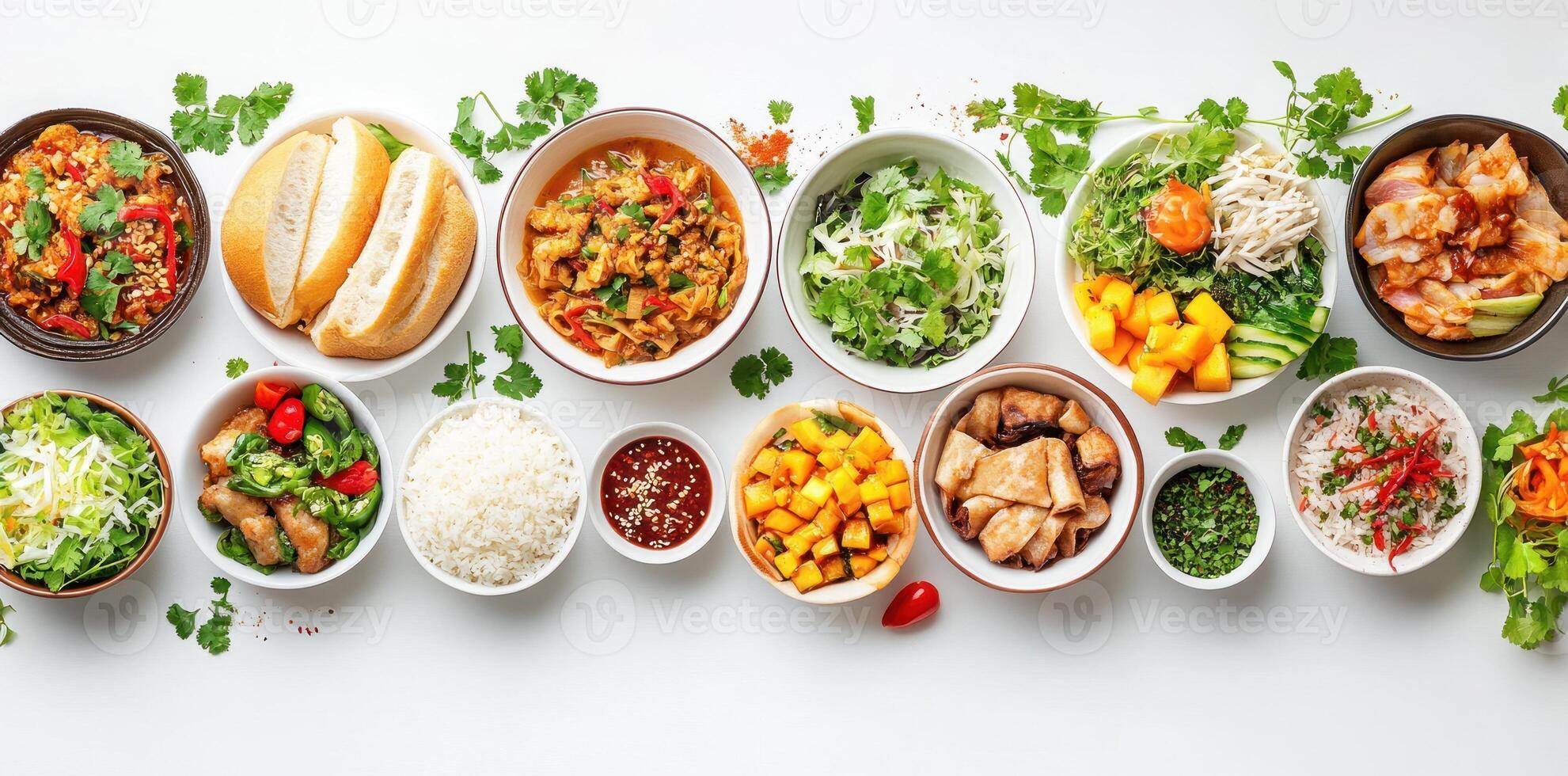 Assorted Thai Dishes with Rice, Sauces, and Bread photo