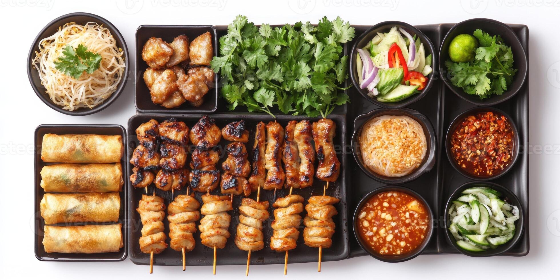Grilled Skewered Meat with Sides of Spring Rolls, Bean Sprouts, Pickles, and Dipping Sauces photo