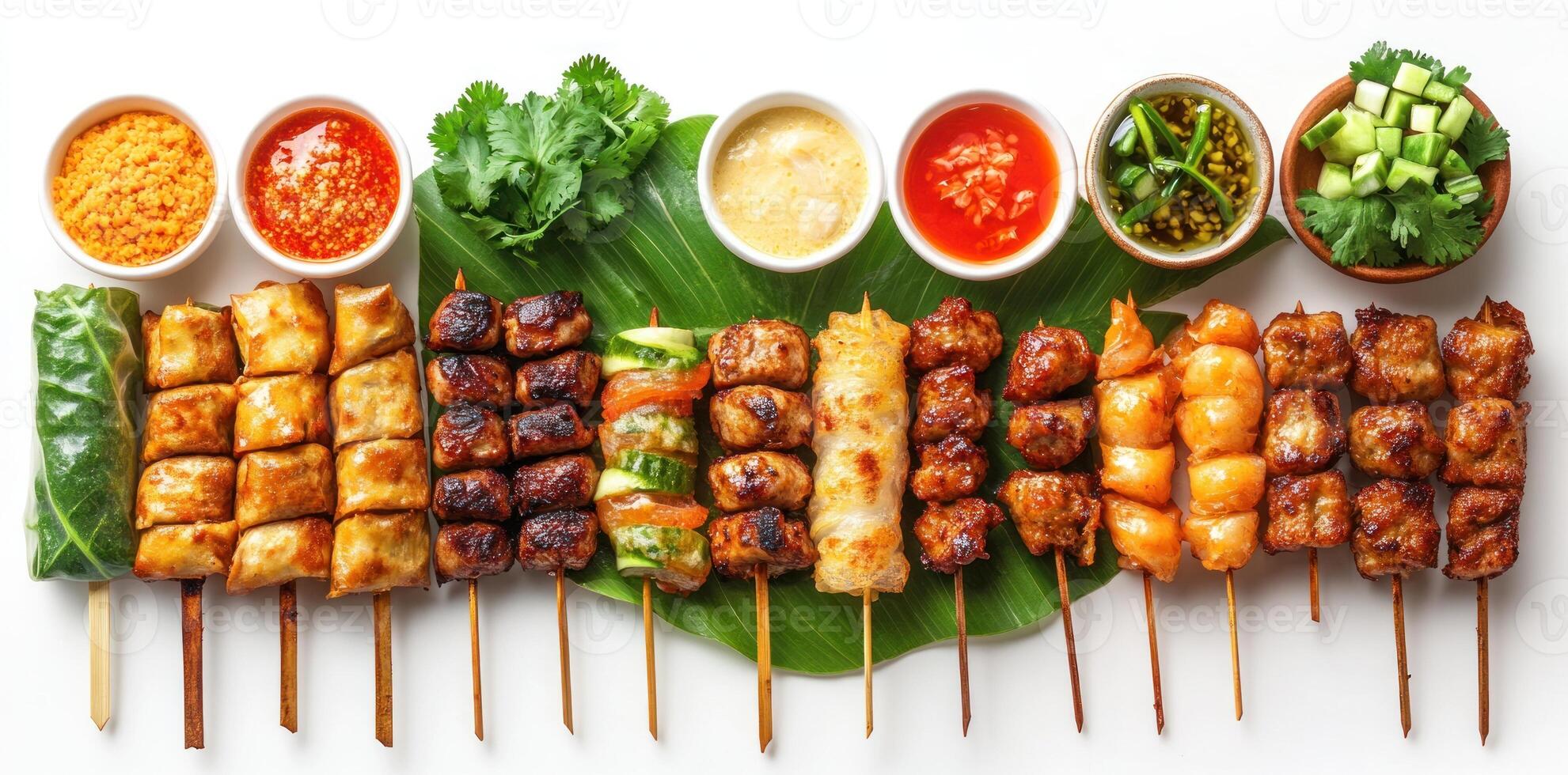 Various Asian Skewers and Dips on a White Surface photo