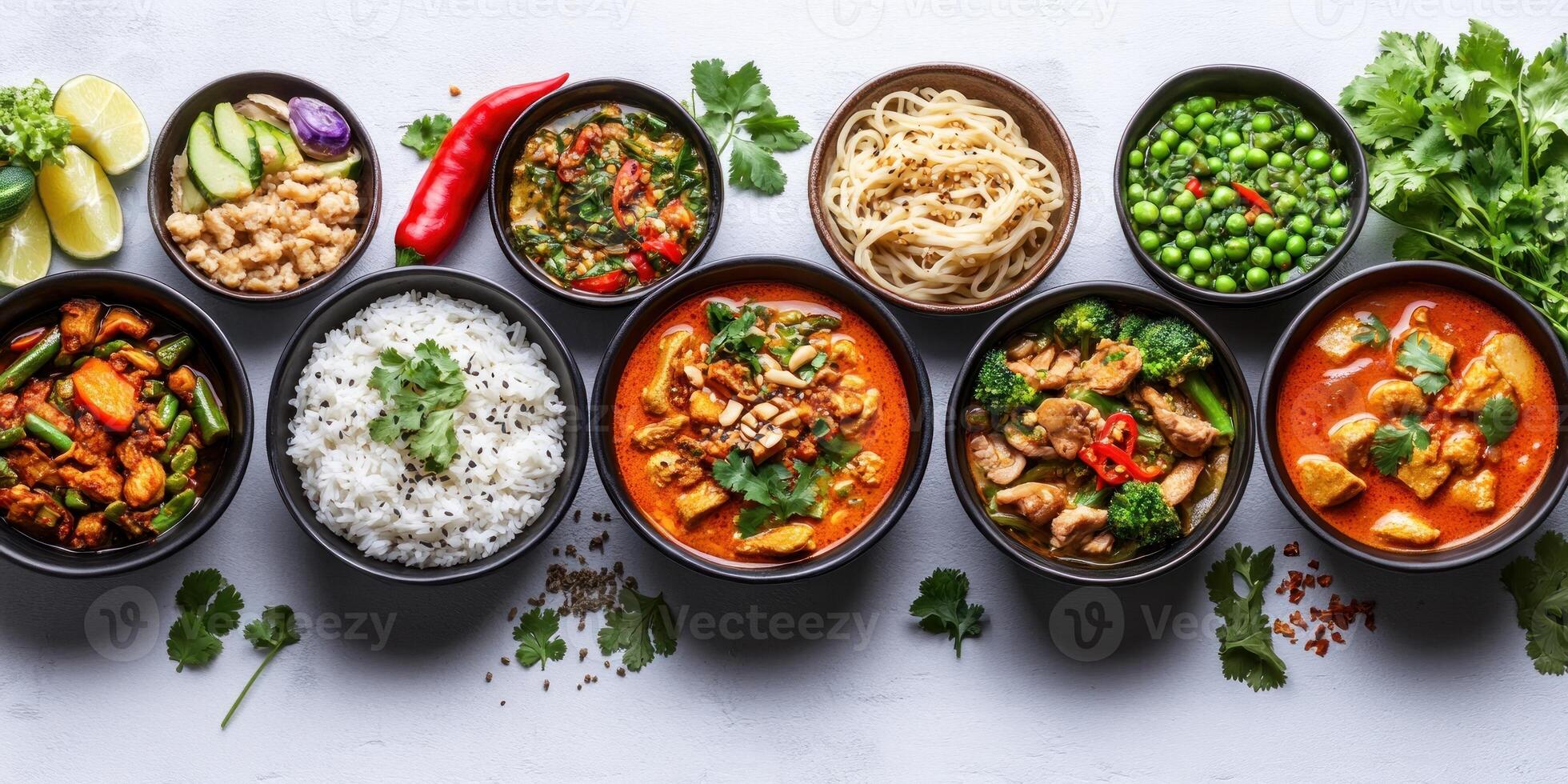 A Table Setting Featuring Various Thai Curries and Accompaniments photo