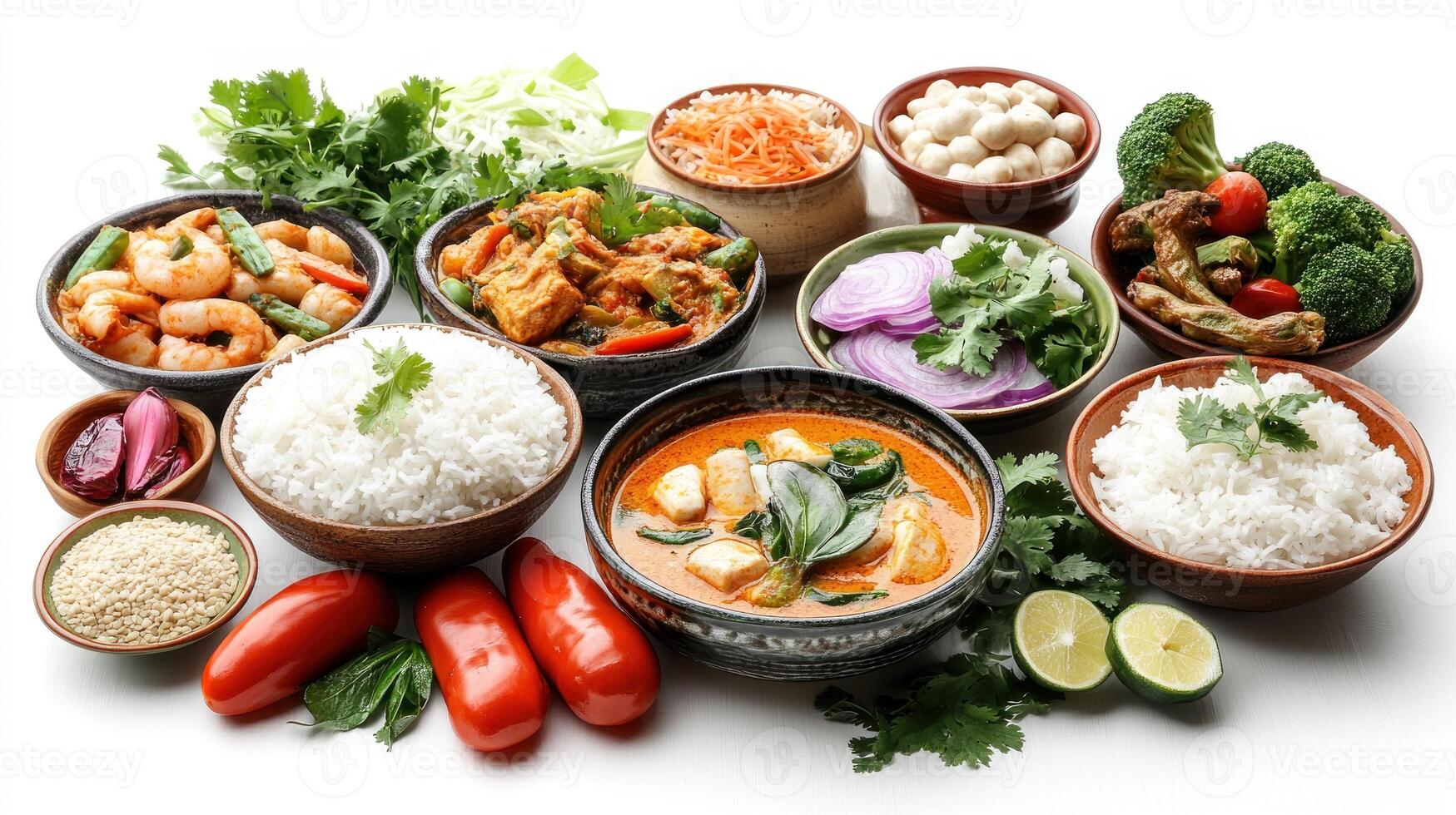 A Variety of Thai Dishes with Rice, Vegetables, and Meat photo