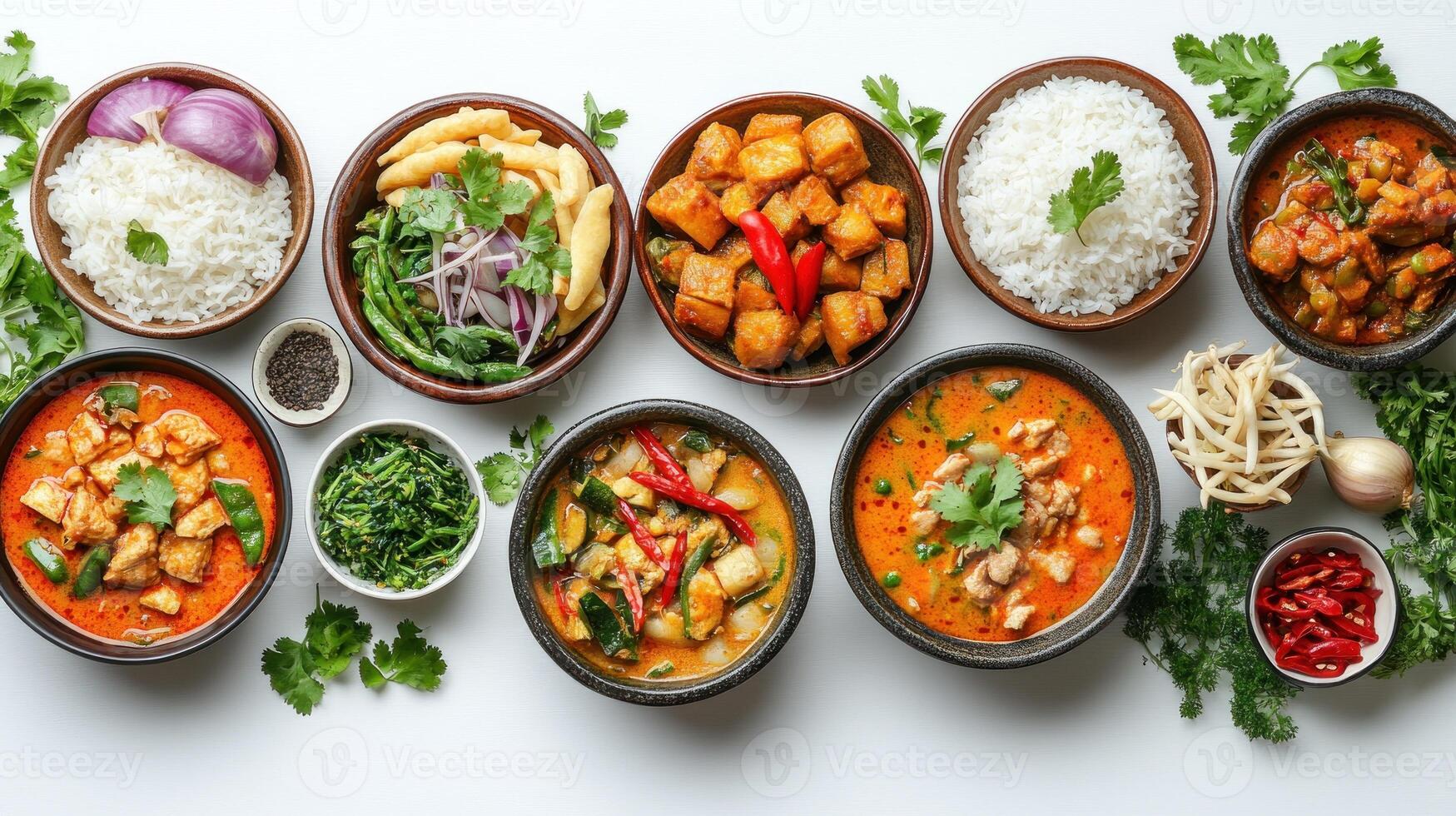 A Table Spread of Thai Cuisine Featuring Curry, Rice, and Vegetables photo