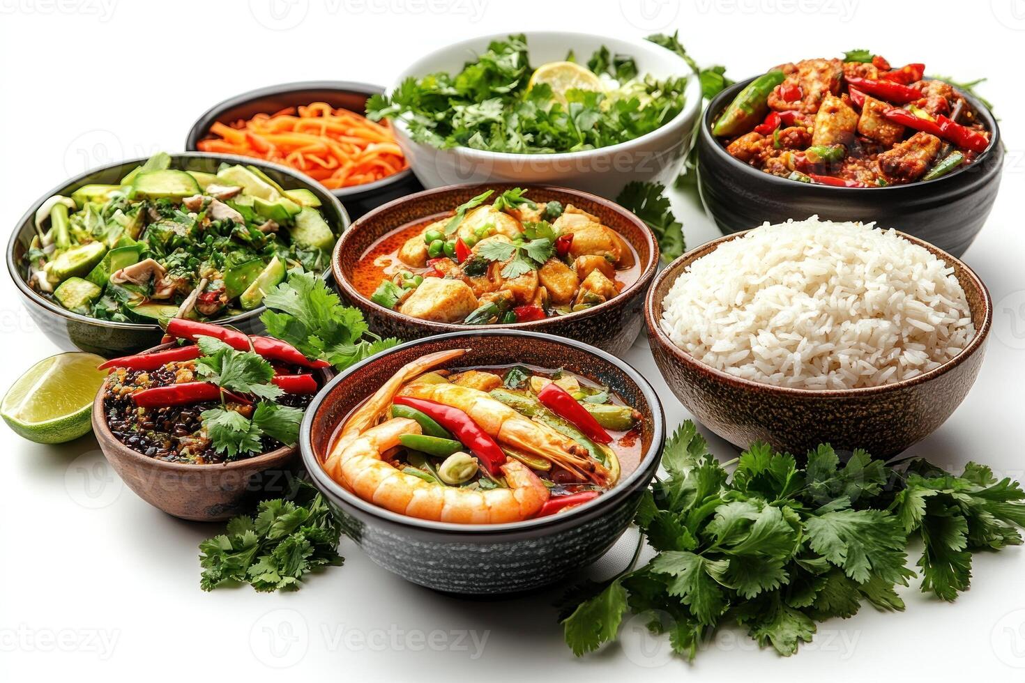 A variety of Thai dishes with rice, cilantro, and chili peppers photo